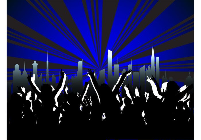 urban silhouettes rays poster people music light flyer disco dance crowd club cityscape city buildings 