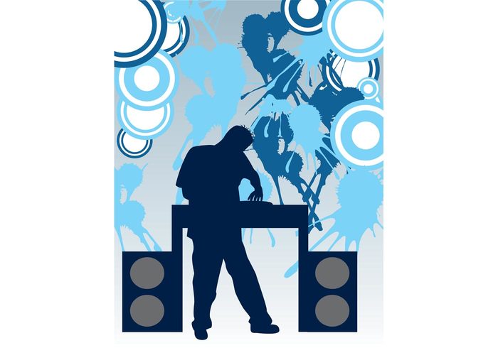 turntable techno record player poster party Music speakers man male house grunge flyer electro Dj at work DJ Deejay cool circles blue 