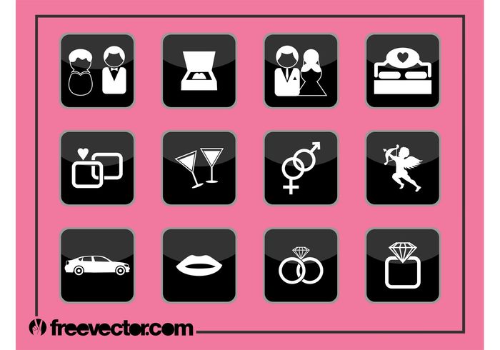 wedding square romantic romance rings marriage love lips kiss icons cupid couples champagne car bed 