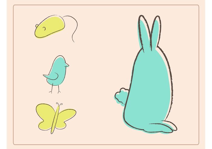 spring sketch Simplified rabbit pastel colors mouse minimal insect hand drawn easter butterfly bunny bird 