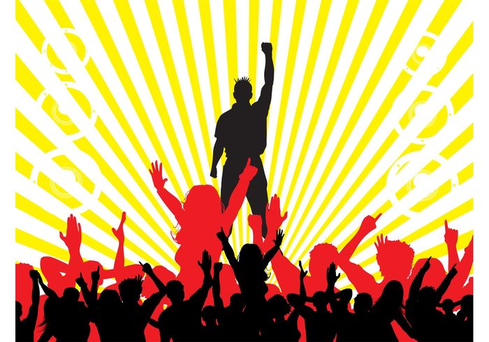 speakers silhouettes silhouette rays Raised fist punk people party music man Liberty spikes dancing dance crowd club 