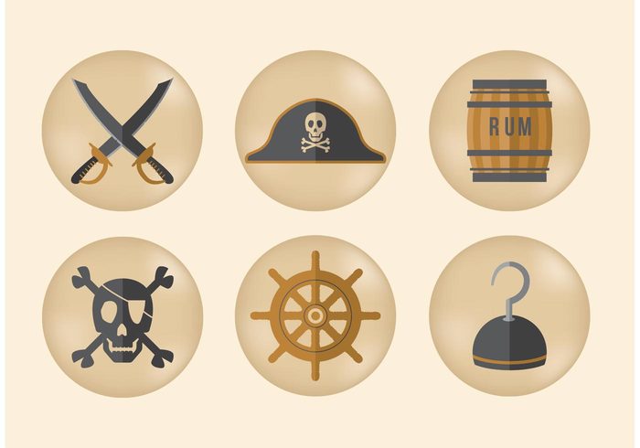 wood sword skull simple ship wheel rum barrel Rum pirate icon Pirate hat pirate hook fake hand hook flat danger brown Bone barrel accesories  