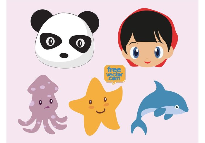 starfish squid sea panda octopus mascots kid girl dolphin comic child characters cartoon animals 