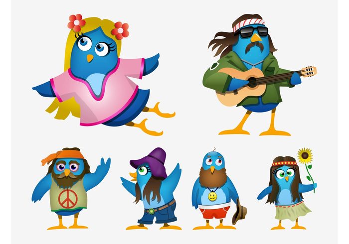 woodstock peace sign music mascots Hippies hippie guitar flying flowers comic characters Cartoons Caricatures birds animals 