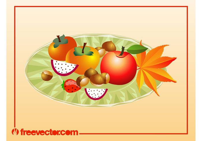strawberry plate Persimmons nuts maple leaf Hazelnuts fruits food Figs Fall eat dish cartoon autumn apple 