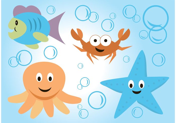 Zoo starfish sea life sea octopus ocean fish Cute vector crab character cartoon bubbles aquarium animals 