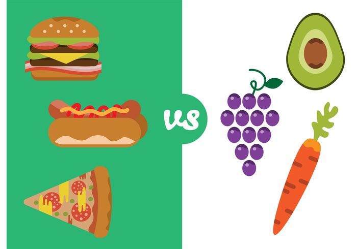 versus veggies vegetables Tasty Proteins pizza meat infographics icons Hot dog Healthy health grapes fruit food eating Dieting Diet carrot calorie burger Balance avocado 