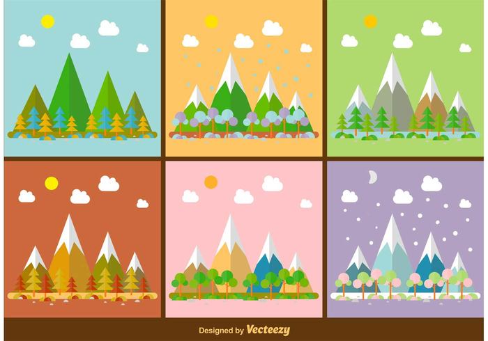 winter summer spring snow sky seasonal season rural panorama nature mountain meadow landscape illustration growth four field Fall drawing countryside cold cloud background autumn 