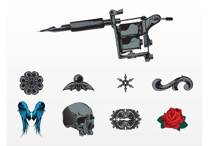 Tattoo machine swirls stickers skull rose head flower floral Design Elements decorations decals dead bones 