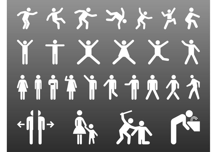 water walk symbols stylized Slip silhouettes pictograms person people mother jump icons Fight Fall Drinking fountain drink child Beat 