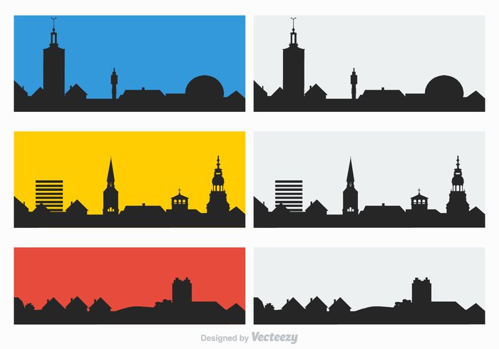 village vector urban town skyline silhouette rooftops rooftop roof-top outline illustration house horizon graphic foreground element collection cityscape city church chimney buildings background 