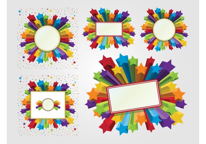 Vector set stars spiral shooting shapes round rainbow geometric figures colors colorful circular circle celebration 
