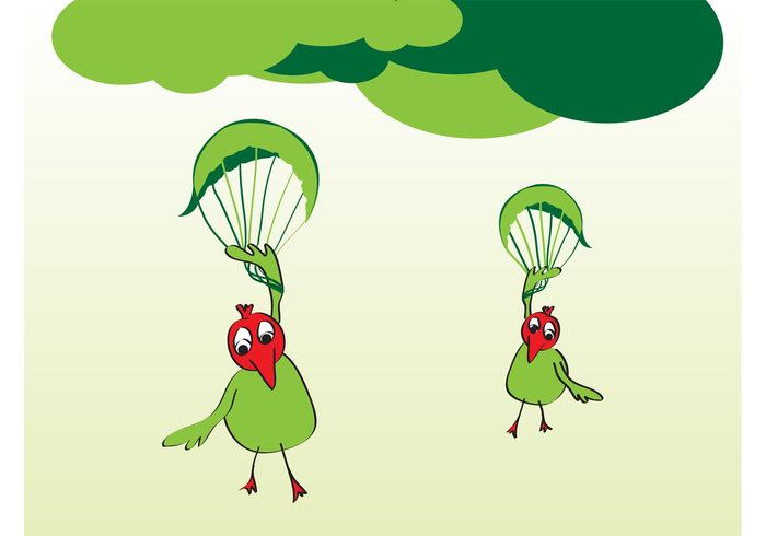 tree Stroked parachute nature jump flying floating ecological eco drawing cartoon Birds vectors air action 