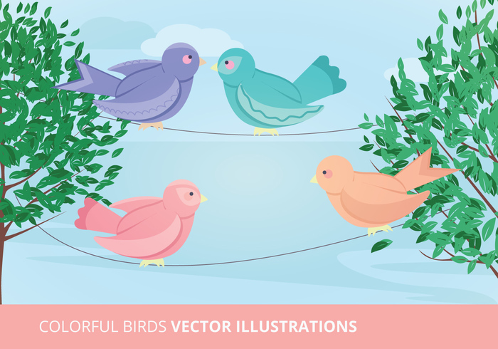 wire vector illustration trees tree pink bird outdoors nature illustration fly cute bird cute colors colorful birds colorful color blue bird birds on a wire birds bird  