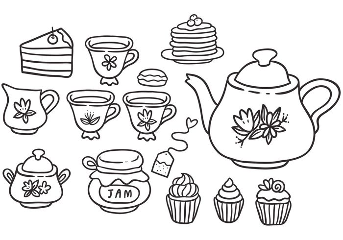 tea party Tea kettle tea cup tea sugar pot milk macaroon kettle hot high tea hand drawn doodle glass drink dessert cupcake cup cream cake bakery 