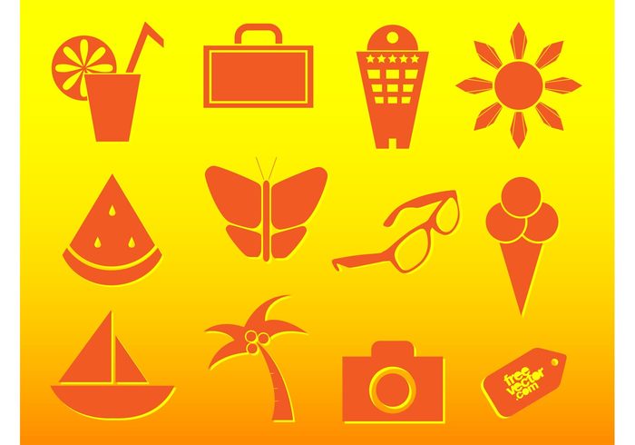 vacation tropical travel summer sticker silhouettes seaside logos icons icon holiday fruit food drink decals building accessories  