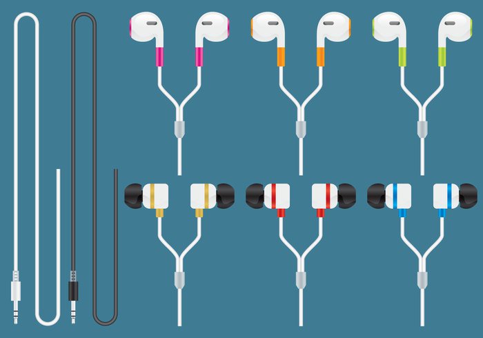 white volume vector technology style stereo sound small personal object music modern listen isolated iphone illustration icon Hear headset headphones flat equipment entertainment earphone earbuds Ear design cable buds background audio accessory  