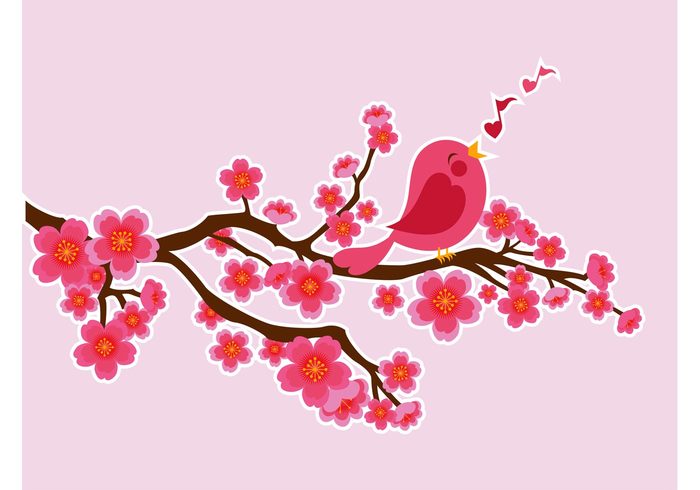 tree spring Songbird Sing notes nature love hearts floral cartoon branch blossom bird animal 