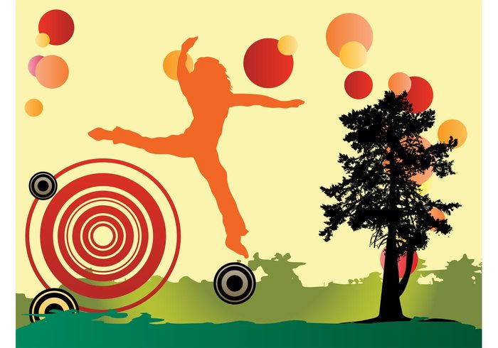 woman tree silhouette round nature jump happy happiness grass girl fields dots circles background 