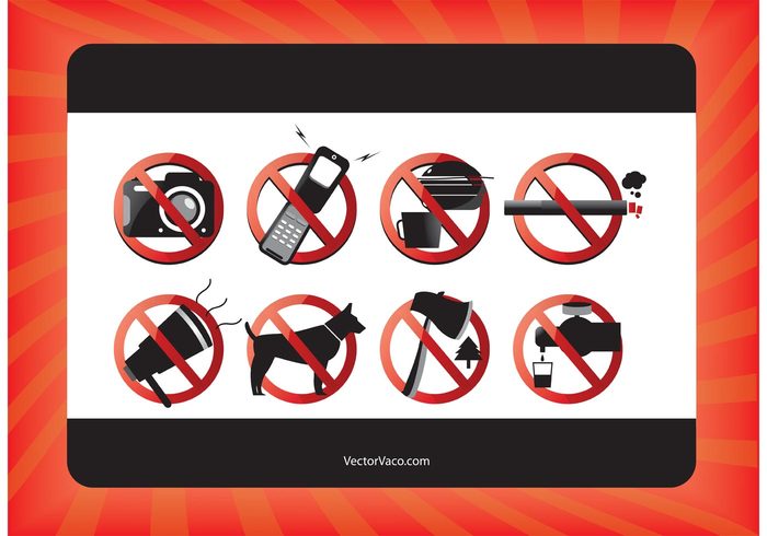 water timber symbols smoking Restraint noise Law Interdiction icons Forbidden Forbid drink dog Disturbance damage Cut off cell phone camera 
