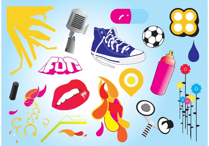 vintage sun spray can radar pill mouth modern microphone lips football flowers drop cool colorful Basket shoes arrows 