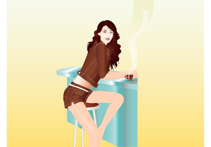 woman waves shorts sexy relax long legs jacket hot hair girl Enjoy drink cup coffee cafe brown body bar 