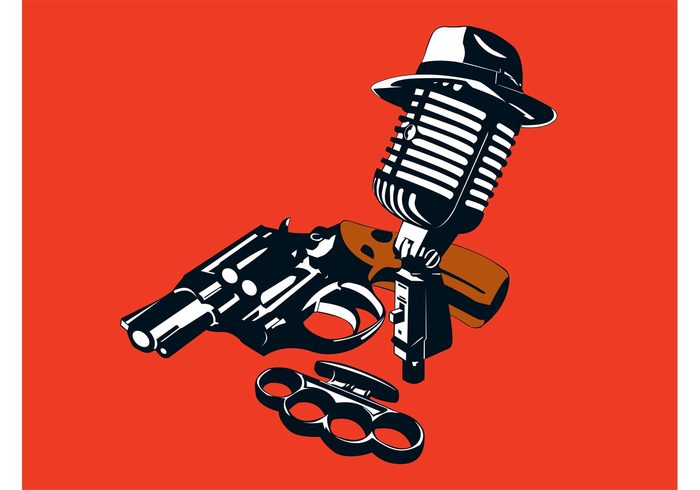 weapon vintage revolver retro old Mobster mob microphone mic mafia hat gun gangster fedora Criminal brass knuckles 