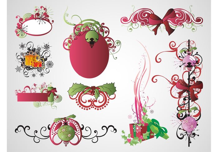 swirls ribbons presents ornaments mistletoe holiday gifts festive decorations christmas celebration balls 