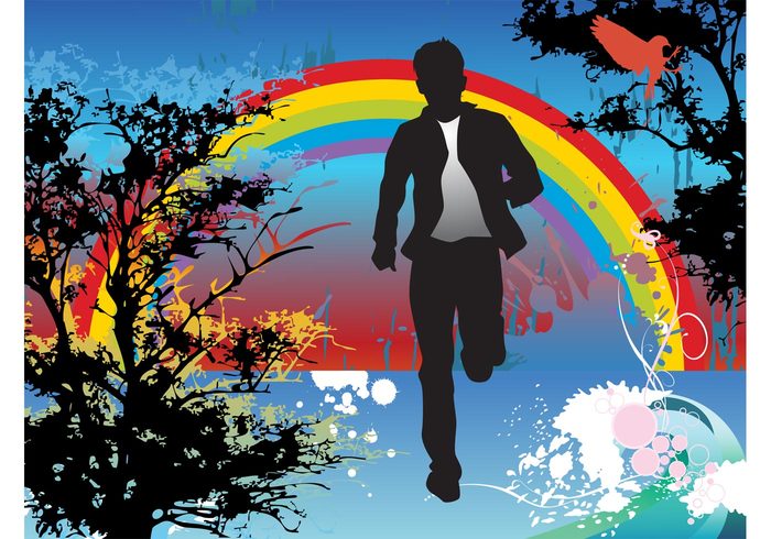 trees splatter splashes silhouettes running run rainbow nature man jogging Jog grunge flowers bird abstract 