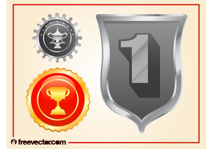 Winners silver shield race number one metallic metal medals icons gold cups contest competition banners badges 