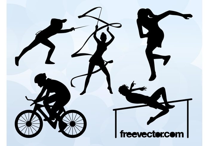 women sports silhouettes Rhythmic gymnastics people Olympic games men jumping high jump gymnast Foil fencing cyclist bicycle athletes 