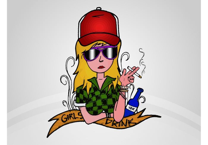 woman sunglasses smoke ribbon mascot hat female drink comic cigarette character cartoon bottle 