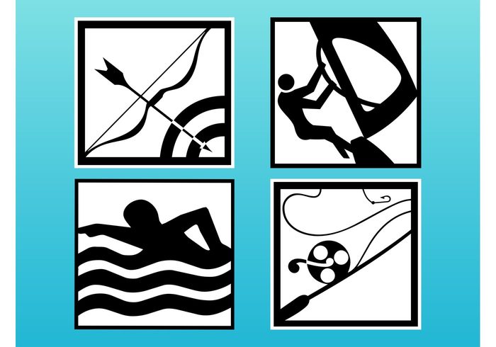 windsurfing Windsurf waves target symbols swim squares sports sport icons Fishing pole fishing bow archery 