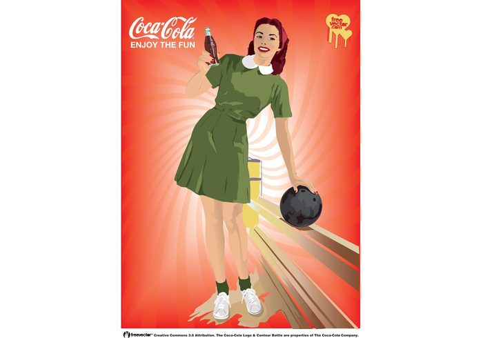 refreshing poster game fun Forties drink coke Coca-cola vector coca cola bowling bottle beverage advertising 1940 