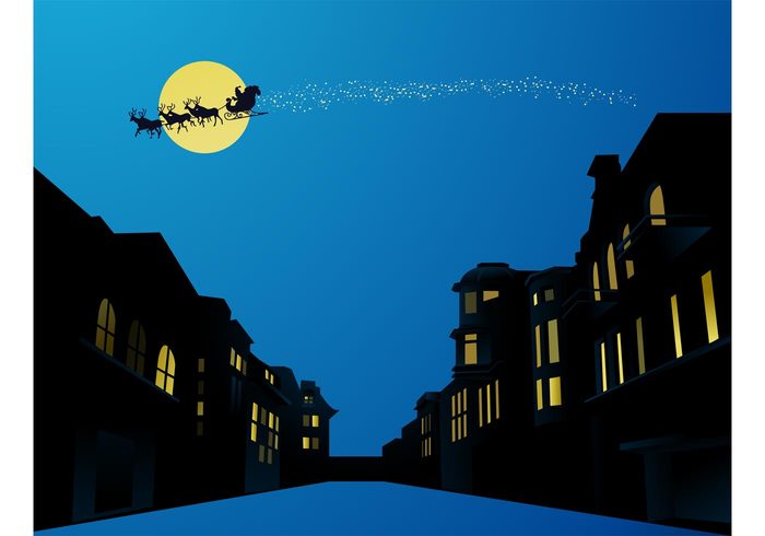 winter Windows sleigh sky santa claus reindeer presents lights houses holiday gifts full moon Christ buildings 