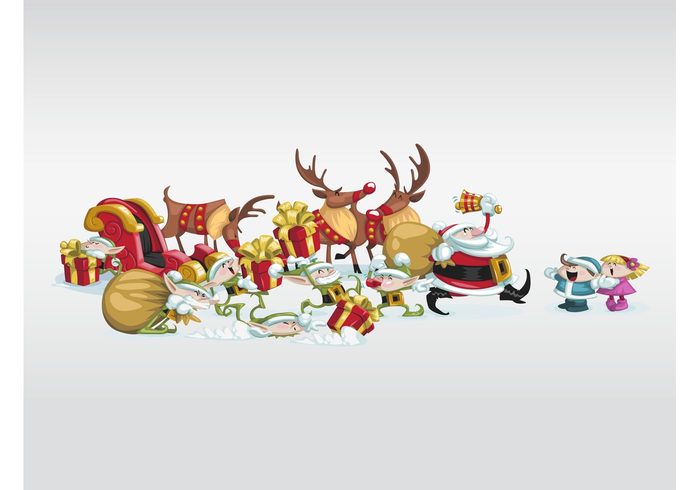 xmas winter snow sleigh santa claus reindeer presents kids holiday happy girl elves children cheerful boy  
