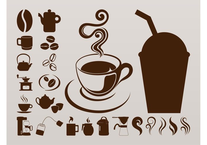 Teabag swirls steam silhouettes mugs icons Hot dink drink cups Coffee pots Coffee grinder coffee beans coffee caffeine cafe beverage 