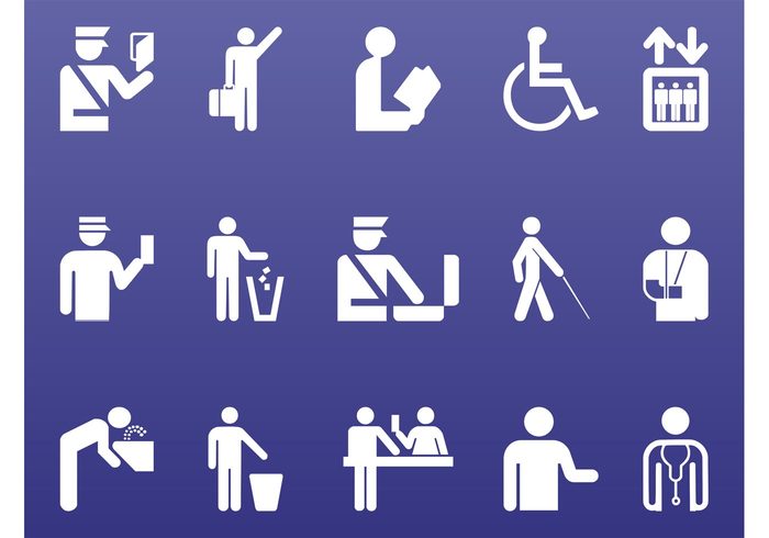wheelchair trash can trash symbols symbol stylized person people Injury icons icon drink doctor Disabled person Customs Blind  