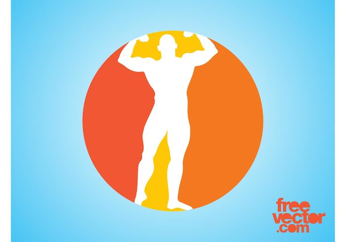 sport silhouette round muscular Muscles man logo icon health fitness fit circle Bodybuilding Bodybuilder badge 