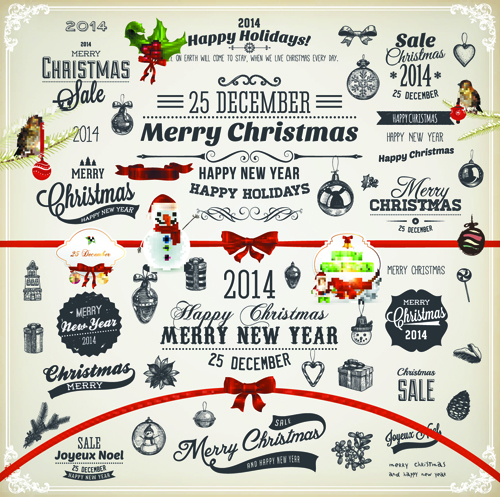 2014 New Year and Christmas labels with decor vector 04