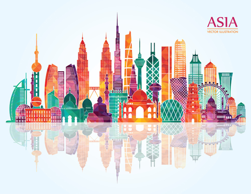 Asia landmark building colored vector