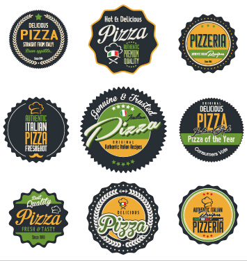 Retro font pizza labels colored badges 