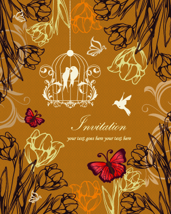 Floral retor Invitations background vector 05