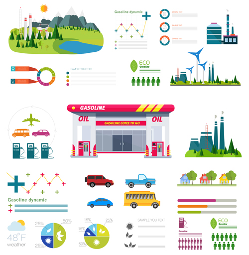 Gasoline oil with gas station infographic vector 05