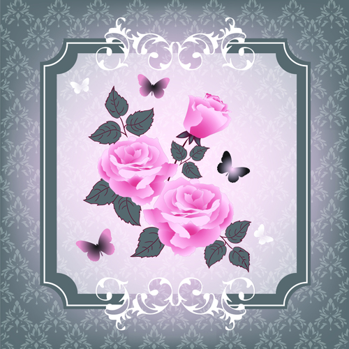 Beautiful pink roses with vintage background vector 04