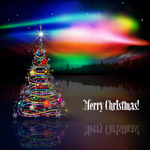 Shiny christmas tree with rainbow vector background