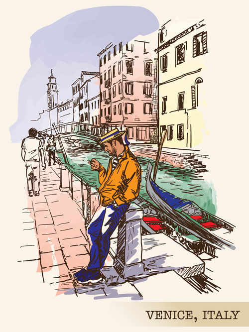 Venice town Italy hand drawn background 
