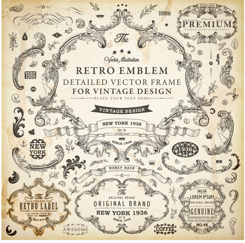 Vintage design elements frames and Ornaments vector 01