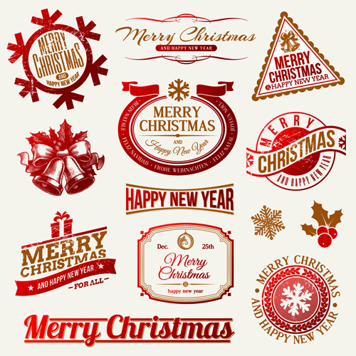 2014 New Year and Christmas labels with decor vector 01