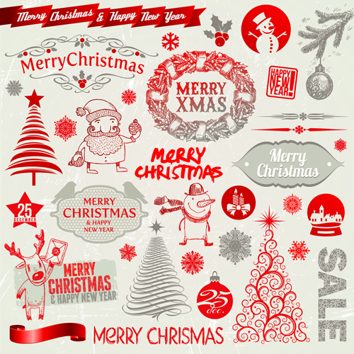 2014 New Year and Christmas labels with decor vector 02